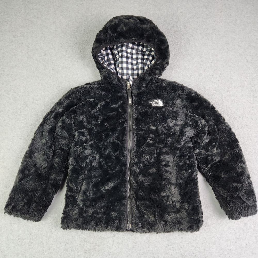 The North Face Reversible Jacket Kids 5 Black White Fleece Mossbud Swirl Hooded